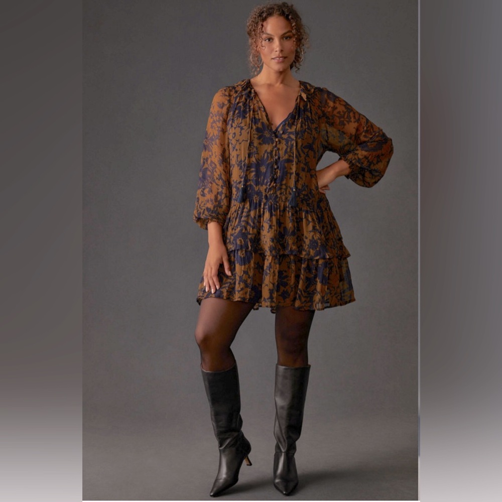 Anthropologie Tan and Navy Floral Mini Dress